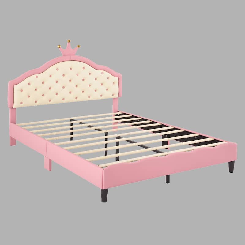 Dreamy Pink Princess Bed with Crown Headboard, Tufted Design, Twin/Full Size - Pink - Full