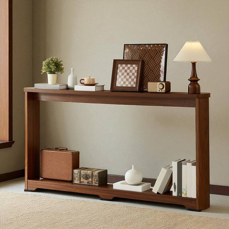 70.1" Modern Corrugated Console Table with Storage Shelf, Narrow Entryway Sofa Table for Hallway or Foyer - Walnut