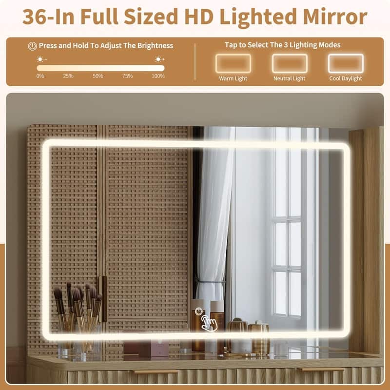 Modern Glass Top Dressing Table with 5 Drawers， LED Mirror