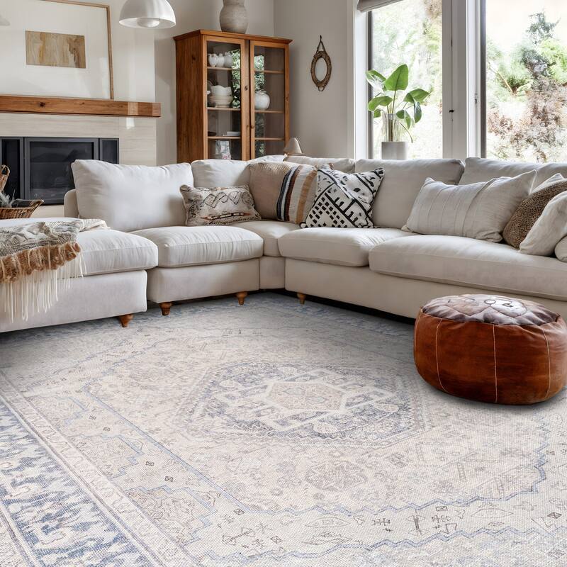 Beige Medallion Flat Pile Washable Rug - Pet Friendly, Non-Slip for Entryway and Bedroom