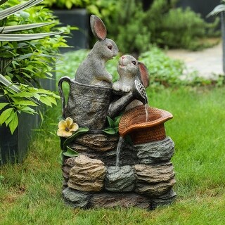 Resin Grey Bunny Friends Outdoor Fountain with LED Light