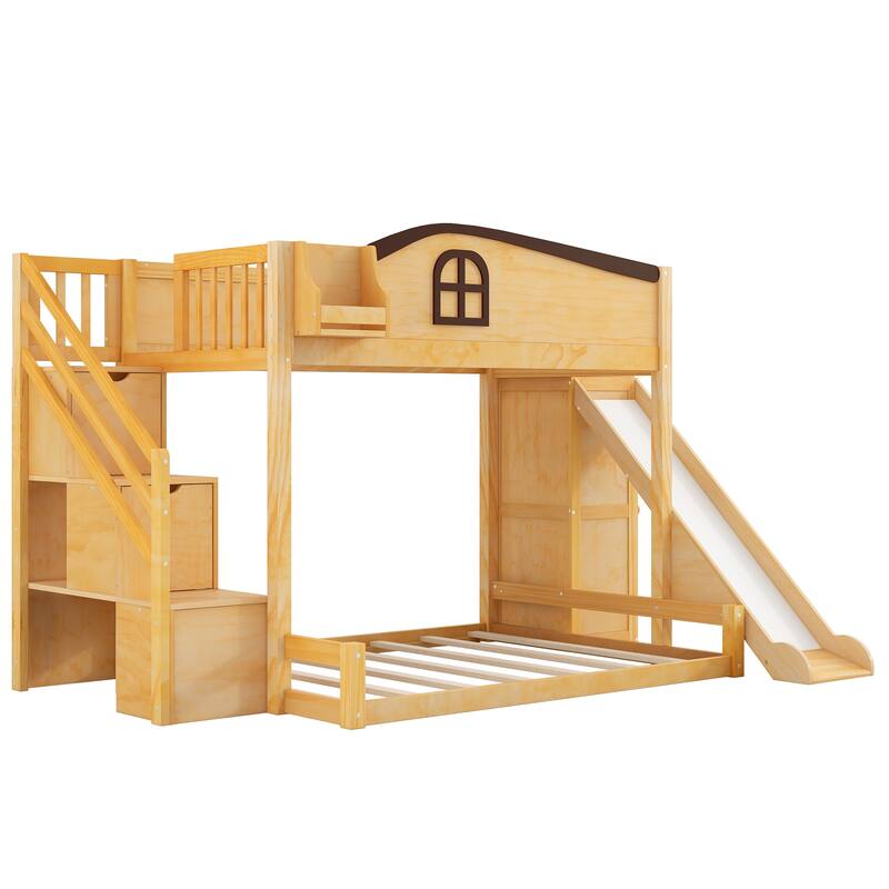 Roomfitters Twin Over Full Bunk Bed with Slide, Wardrobe and Storage Staircase