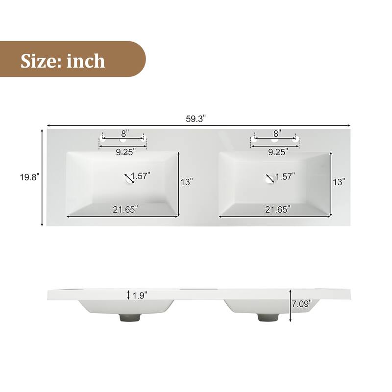 59.3" Double Sink Bathroom Vanity, Wall Mounted Cabinet with SMC Integrated Top, Soft-Close Storage Drawers