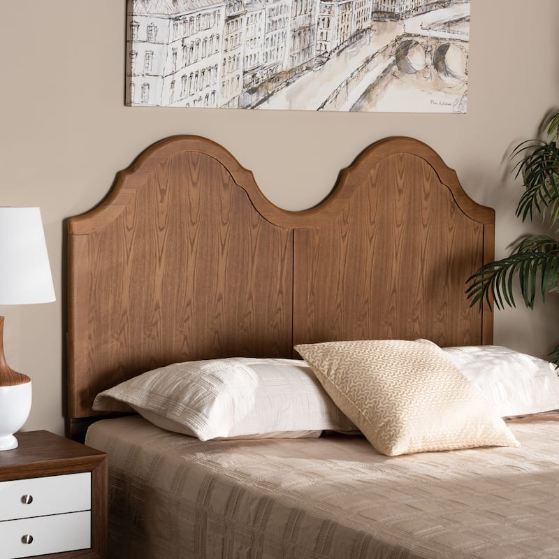 Traditional Ash Walnut Wood Queen Size Arched Headboard with Curved Detailing and Warm Natural Finish