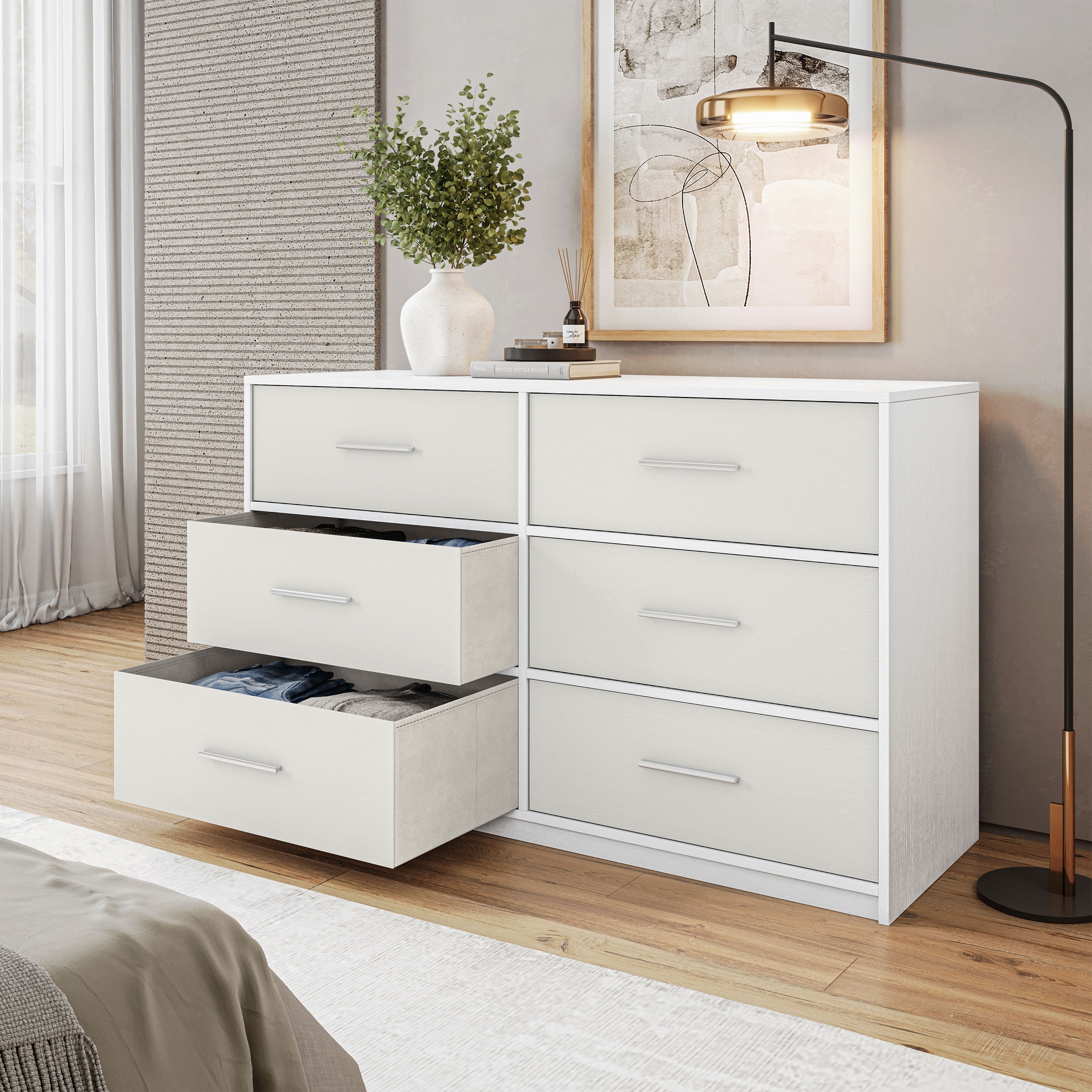 6 Drawer Dresser with Fabric Drawers and MDF Frame Modern Storage