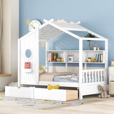 Twin Size Wooden House Bed with 2 Drawers, Storage Shelf