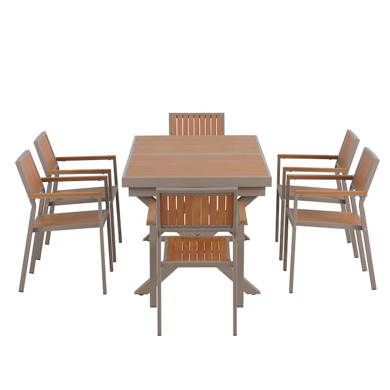 Outdoor Plastic Wood Chairs Set with Six Chairs and a Table (Set of 7)