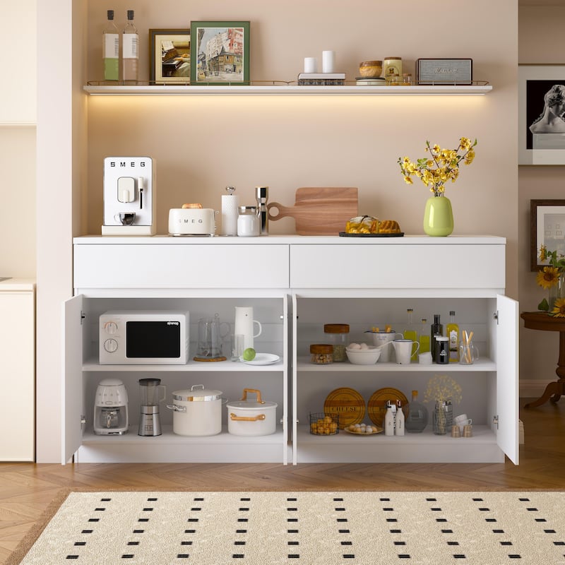Sideboard Buffet Cabinet with Storage, 4 Doors & 2 Drawers, Wood Coffee Bar for Kitchen & Dining Room