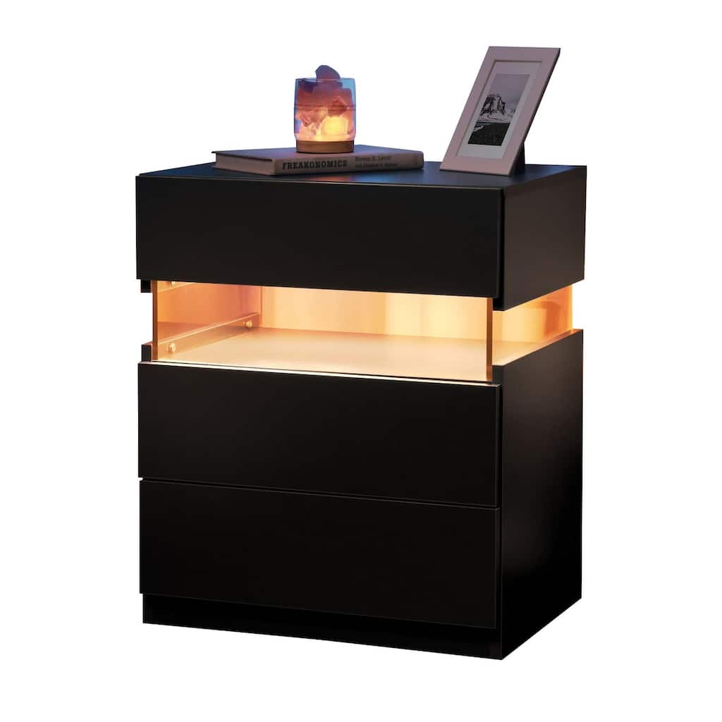 Black LED Nightstands with Acrylic Board and RGB LED Light - Modern End Table for Bedroom