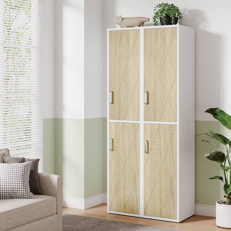 White/ Nature Wood Storage Cabinet with 2 Doors and 6 Shelves