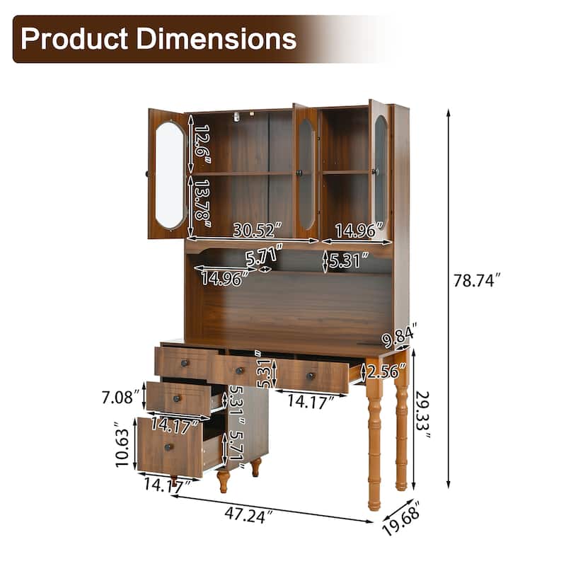 Roomfitters 47'' Retro Desk with Charging Ports and Hutch, Office Desk with 5 Storage Drawers and Glass Bookshelf, Walnut