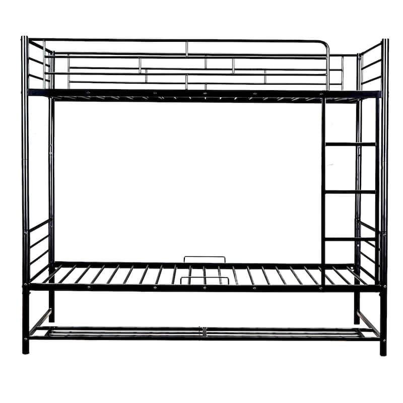 Twin Over Twin Metal Bunk Bed with Integrated Shelf and Safety Guardrails