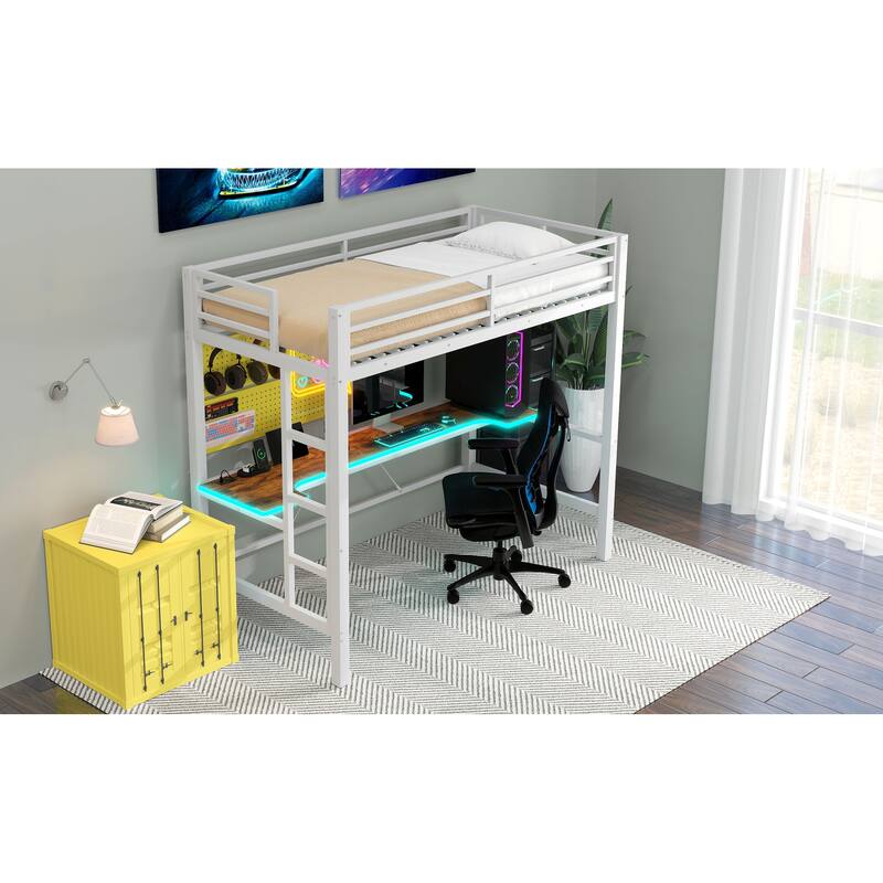 Twin Size Gaming Metal Loft Bed Frame with LED Light, USB Charge Station and Desk