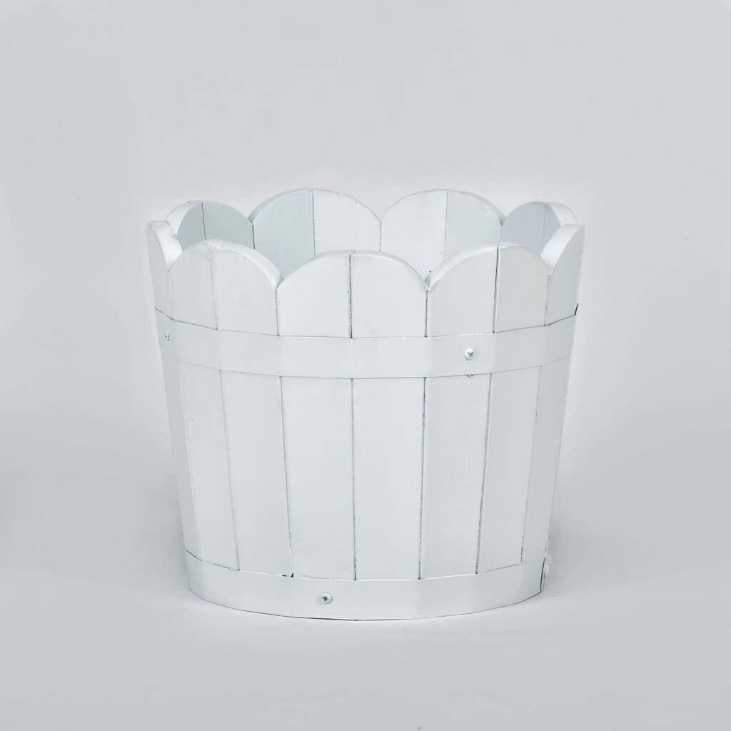 9" White Scallopped Acacia Wood Barrel Planter - 9