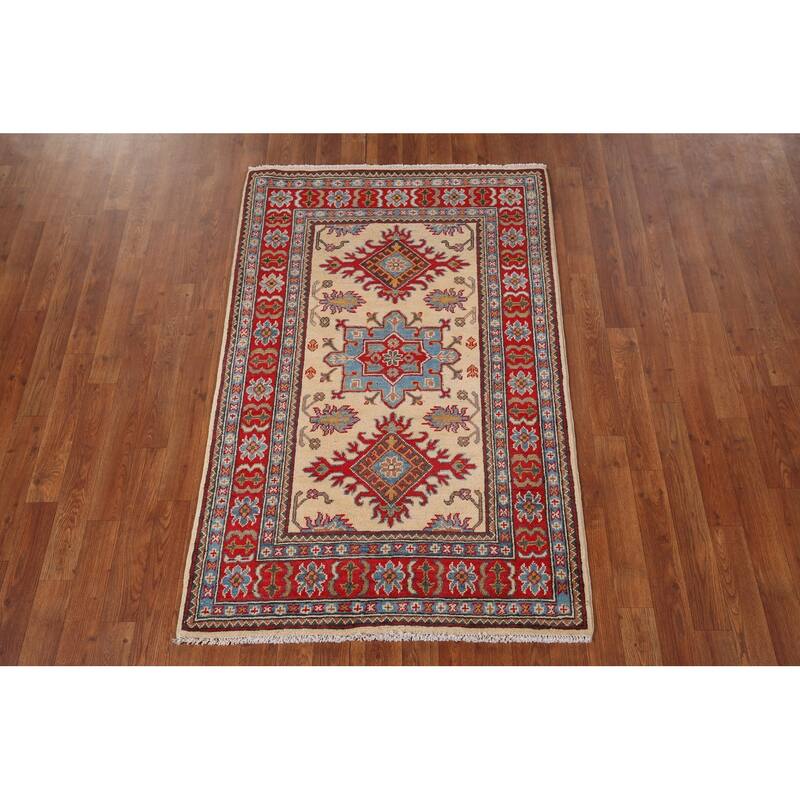 Traditional Kazak Oriental Foyer Rug Handmade Beige Wool Carpet - 3'3" x 4'11"