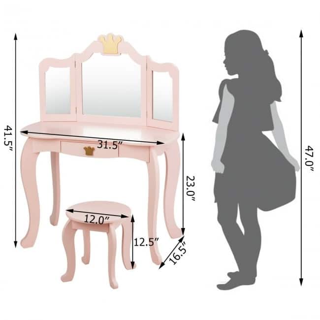 Youth Vanity Set with Tri-Folding Mirror and Stool for Makeup and Play - 12" x 12" x 12.5" (L x W x H)