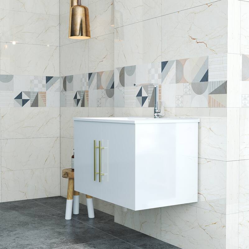 30-Inch Gloss Wall-Mounted Bathroom Vanity with Double Doors, Soft-Close Hangers,Long Gold Metal Handle