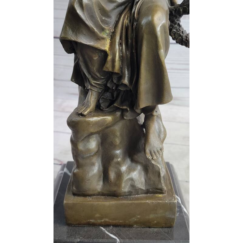 Bronze Statue Of Seated Angel Holding Wreath Sculpture On Marble Base 17 Inches X 9 Inches