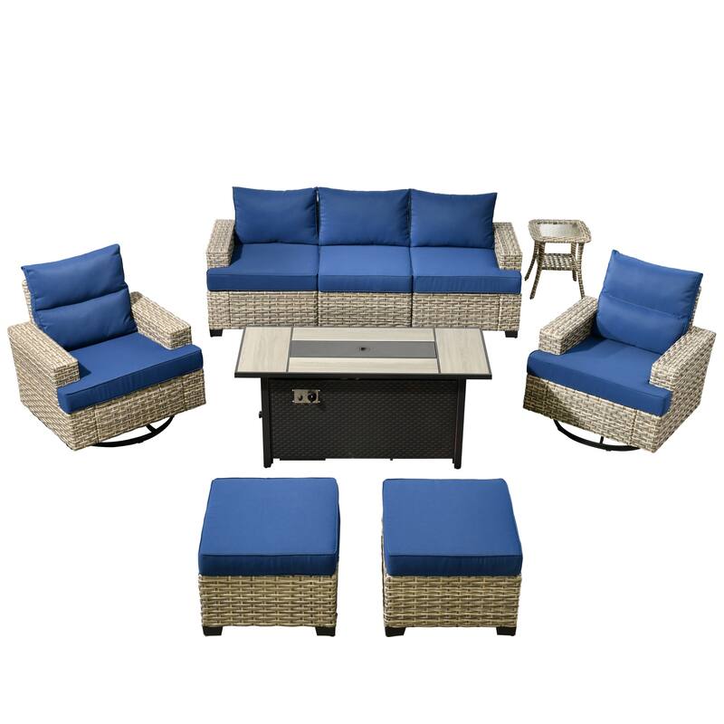 HOOOWOOO 9-piece Outdoor Wicker Furniture Swivel Rocking Chair Set with Fire Pit Table