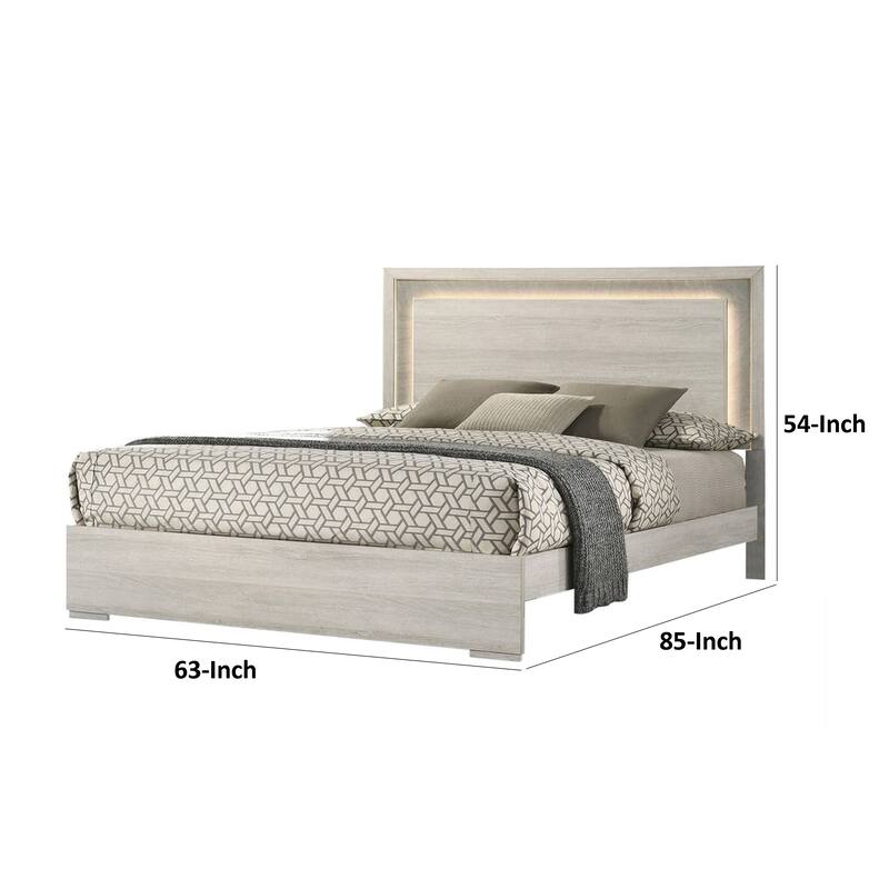 Nomi Queen Size Bed w LED on Headboard, Antique White Wash Finsih