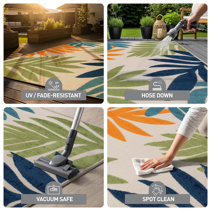 World Rug Gallery Indoor/Outdoor High-Low Textured Area Rug, Palm Easy-Clean Patio Rug