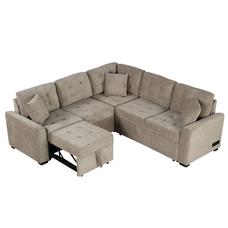 82.6" Velvet L-Shaped Sleeper Sectional Sofa (4-Seat) with USB & Wheels
