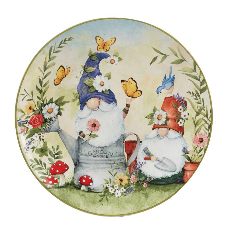 Certified International Garden Gnomes 11" Dinner Plates, Set of 4 Assorted Designs - 11' x 11'