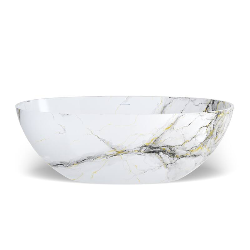 65 in. x 30 in. Solid Surface Freestanding Soaking Bathtub in Matte White with Kunshan Snowflake Marble Pattern, Center Drain