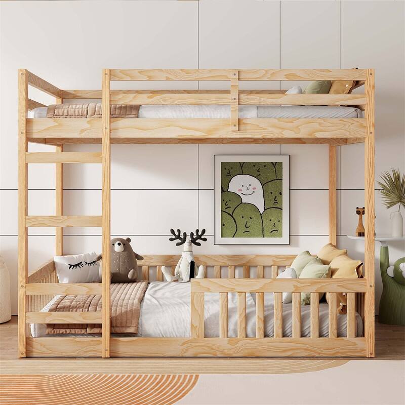 Full over Full Size Bunk Bed with Ladder and Guardrails, Wooden Floor Bunk Bedframe with Slats Support for Kids