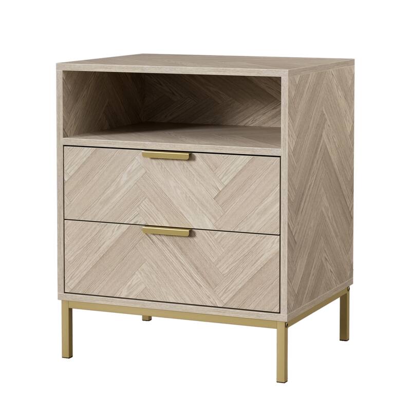 Anmytek Mid-Century 2 Drawer Nightstand Wood Grain Bedside Table Side Table with Open Shelf