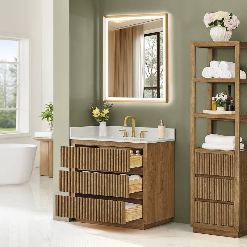 Navan Bathroom Vanity in Weathered Brown with Grain White Engineered Stone Countertop No Mirror
