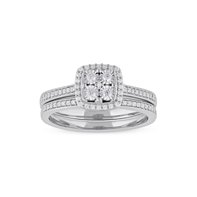 1/4ct TDW Diamond Cluster Halo Bridal Set in Silver for Women