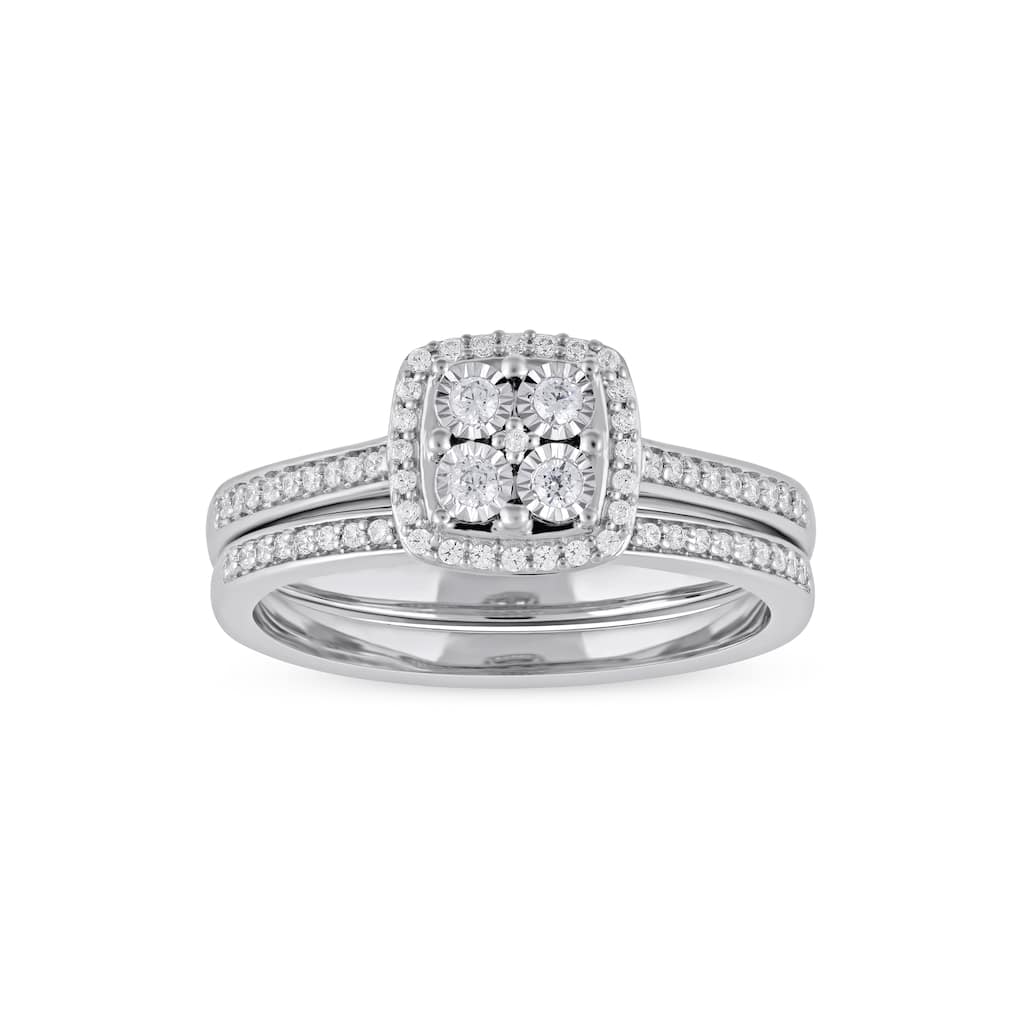 1/4ct TDW Diamond Cluster Halo Bridal Set in Silver for Women