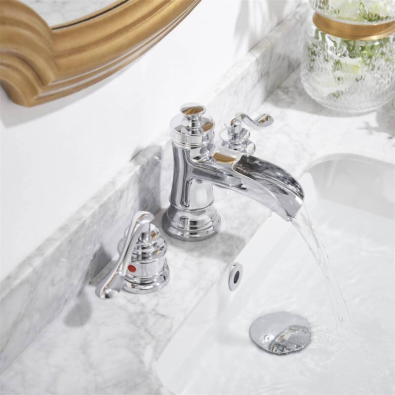 Double Handle Widespread Bathroom Faucet With Drain Assembly Waterfall Bathroom Sink Faucets 3 Holes 8 Inch Modern Vanity Taps