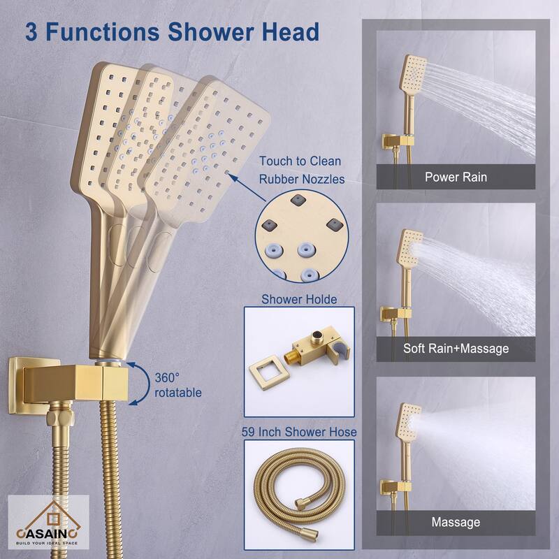 3-Spray Pattern 12 in. Ceiling Mount Shower System in Brushed Gold