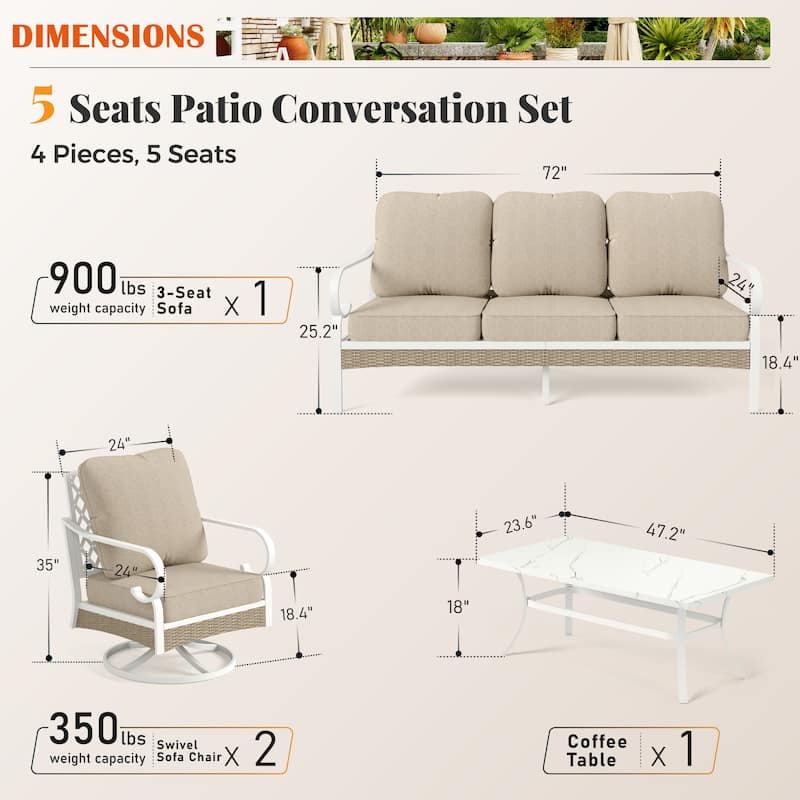 MAISON ARTS 5-Seat Patio Furniture Set, 2 x Cushioned Metal Chair, 1 x 3-Seat Sofa with Marbling Coffee Table