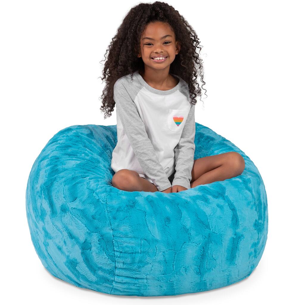 Kids Round Faux Fur Bean Bag Chair - 3' - Turquoise Blue