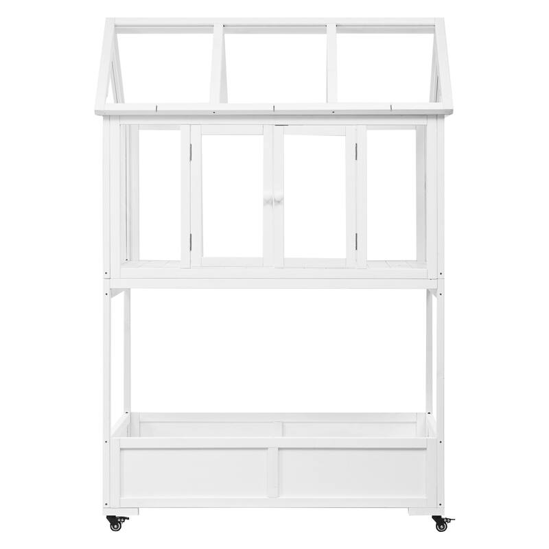 Garden Wood Portable Cold Frame with Movable Wheels Mini Greenhouse with Openable Roof and Storage Box