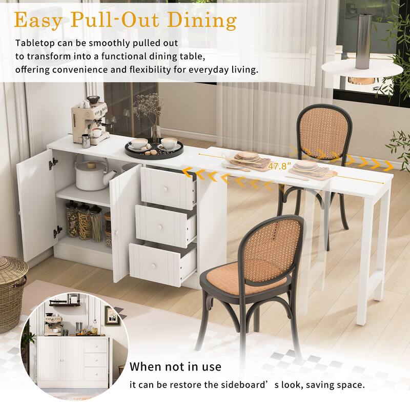 Wooden Sideboard with Extendable Table, Multifunctional Storage Cabinet with 2 Doors and 3 Drawers for Living Room