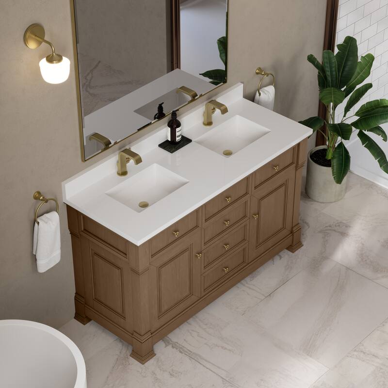 Brookfield 60D" Double Vanity, Pecan - White Zeus - Single Hole