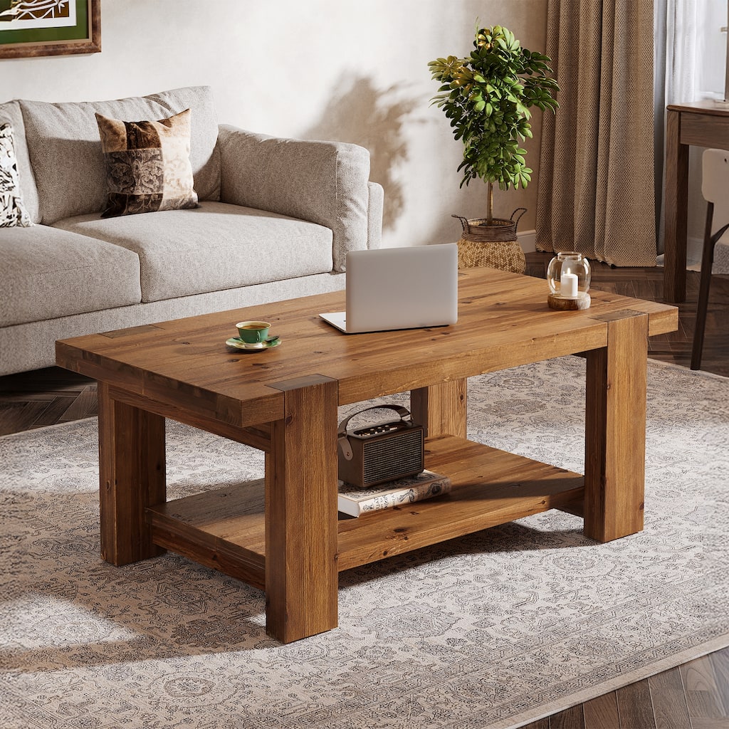 2 Tier Solid Wood Coffee Table for Living Room, 47 Inch Rectangle Center Table with Storage Shelves