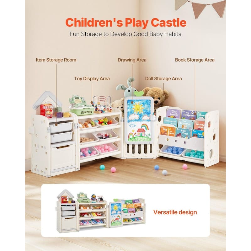 Kids Toy Storage with Bookshelf, 4-Tier Large Toy Storage Organizer with 10 Plastic Bins, with Bookshelf and Drawing Board