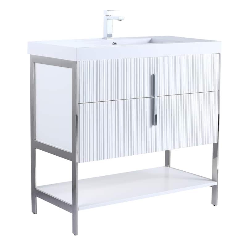 Fine Fixtures Serenity Modern Bathroom Vanity with White Gel Acrylic Top - White Matte - Chrome Hardware - 36 inch