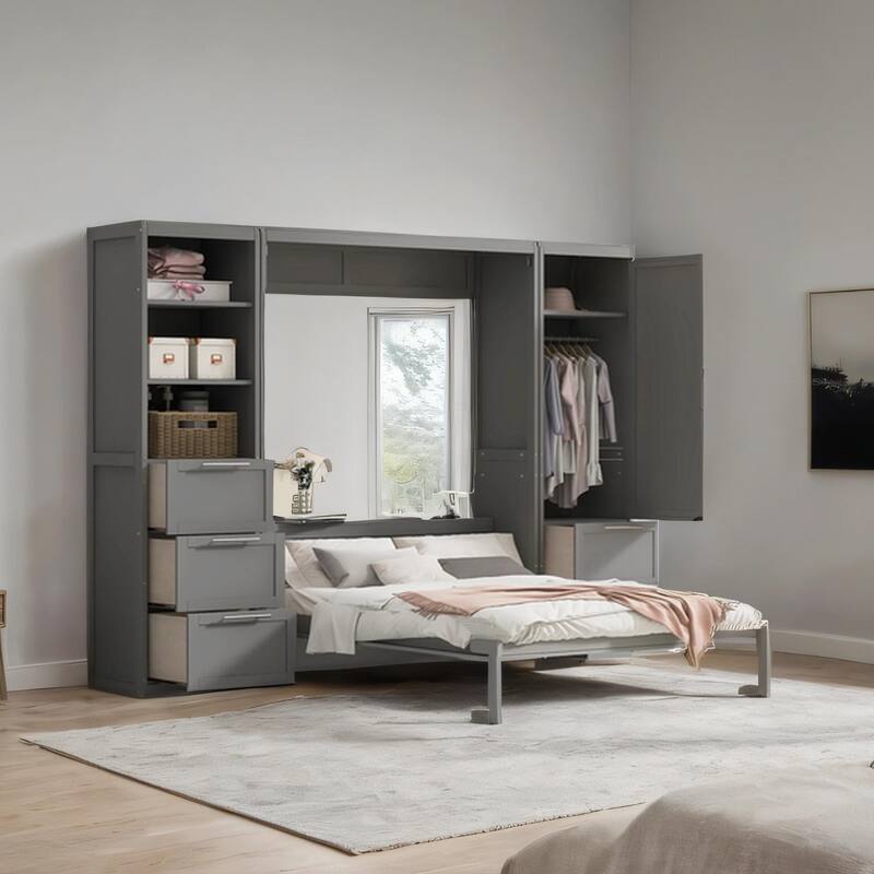Queen Size Wood Murphy Bed with Wardrobe,Drawers and Shelves