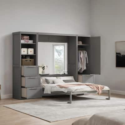 Queen Size Wood Murphy Bed with Wardrobe,Drawers and Shelves