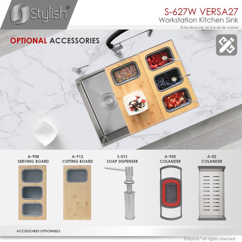 STYLISH 27 inches Workstation Single Bowl Undermount 16 Gauge Stainless Steel Kitchen Sink with Built in Accessories Handmade