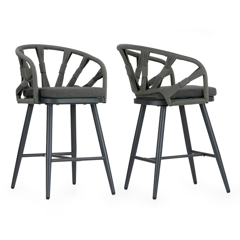Set of 2 Birre Grey Outdoor Counter Height Stool with Hand-Woven Back