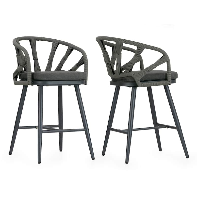 Set of 2 Birre Grey Outdoor Counter Height Stool with Hand-Woven Back