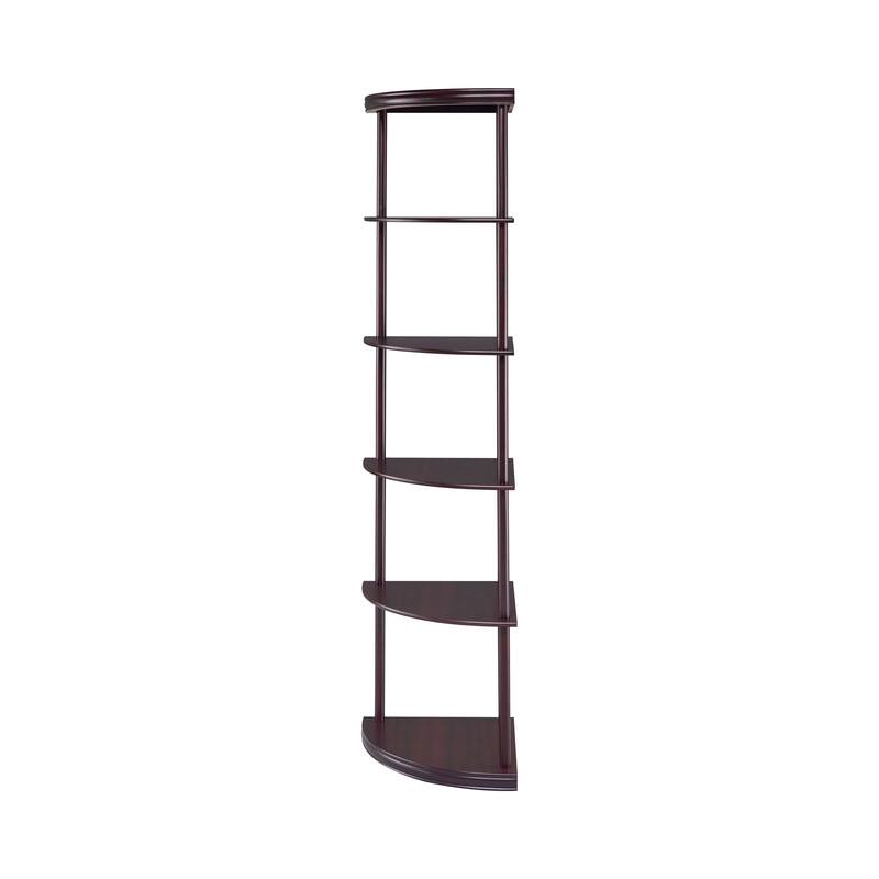Illuminating corner bookcase with five pie shaped shelves, Brown
