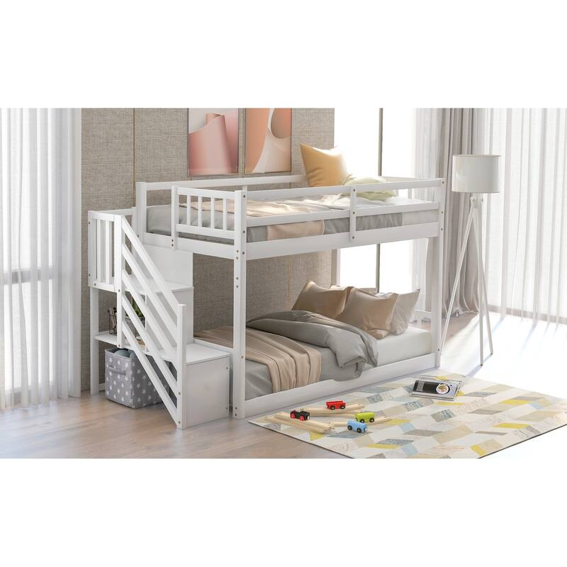 Twin Over Twin Floor Bunk Bed, Ladder With Storage
